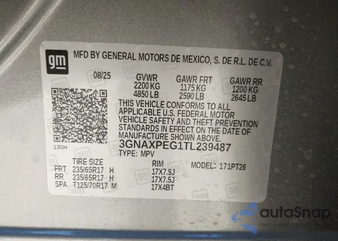 2026 Chevrolet Equinox Awd Lt из США, поврежденный, VIN 3GNAXPEG1TL239487